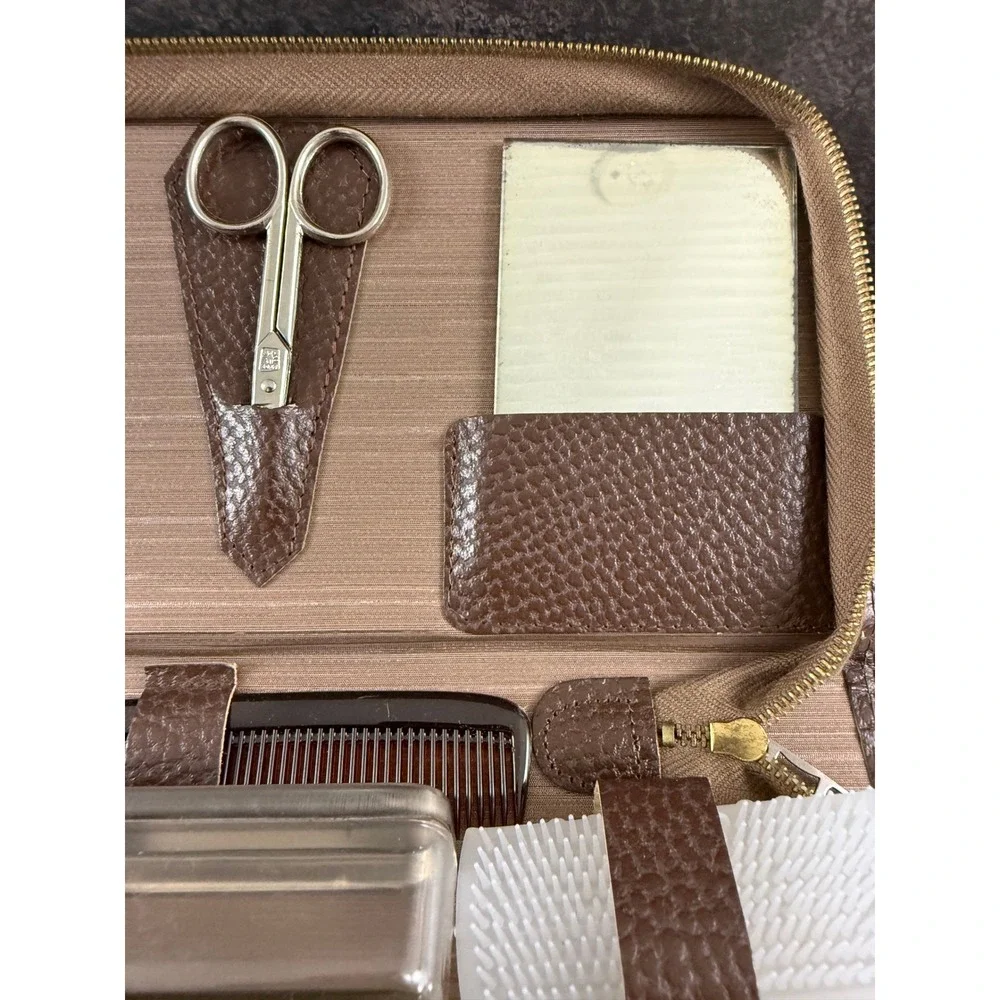VTG NEW Brown Leather Trimmed Mens Grooming Manicure Set Made in Germany